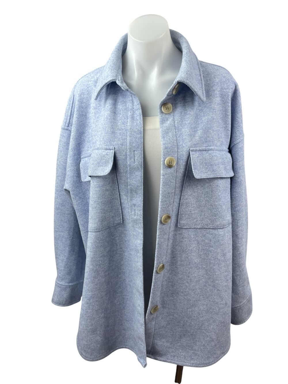 H&M Women's Blue Marled Collared Long Sleeve Button Down Shacket Coat Jacket M